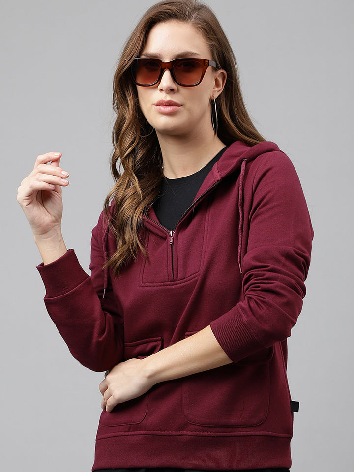 Women Burgundy Solid Half Zipper Regular Fit Hooded Sweatshirt