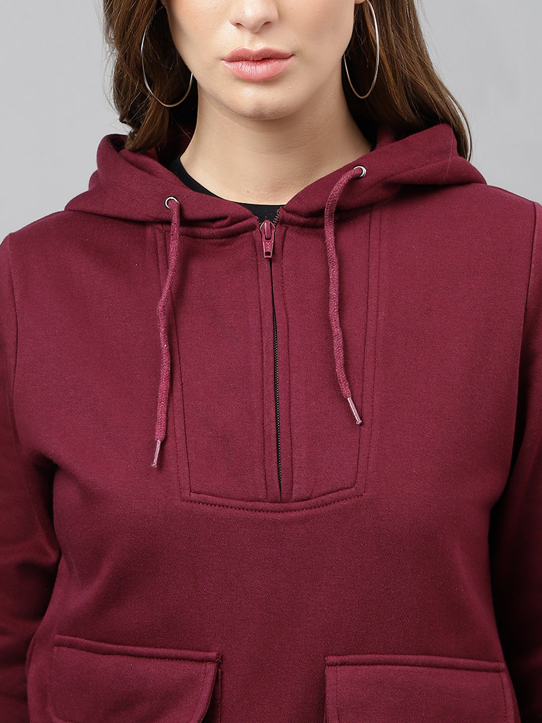 Women Burgundy Solid Half Zipper Regular Fit Hooded Sweatshirt