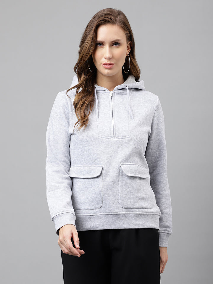 Women Grey Solid Half Zipper Regular Fit Hooded Sweatshirt