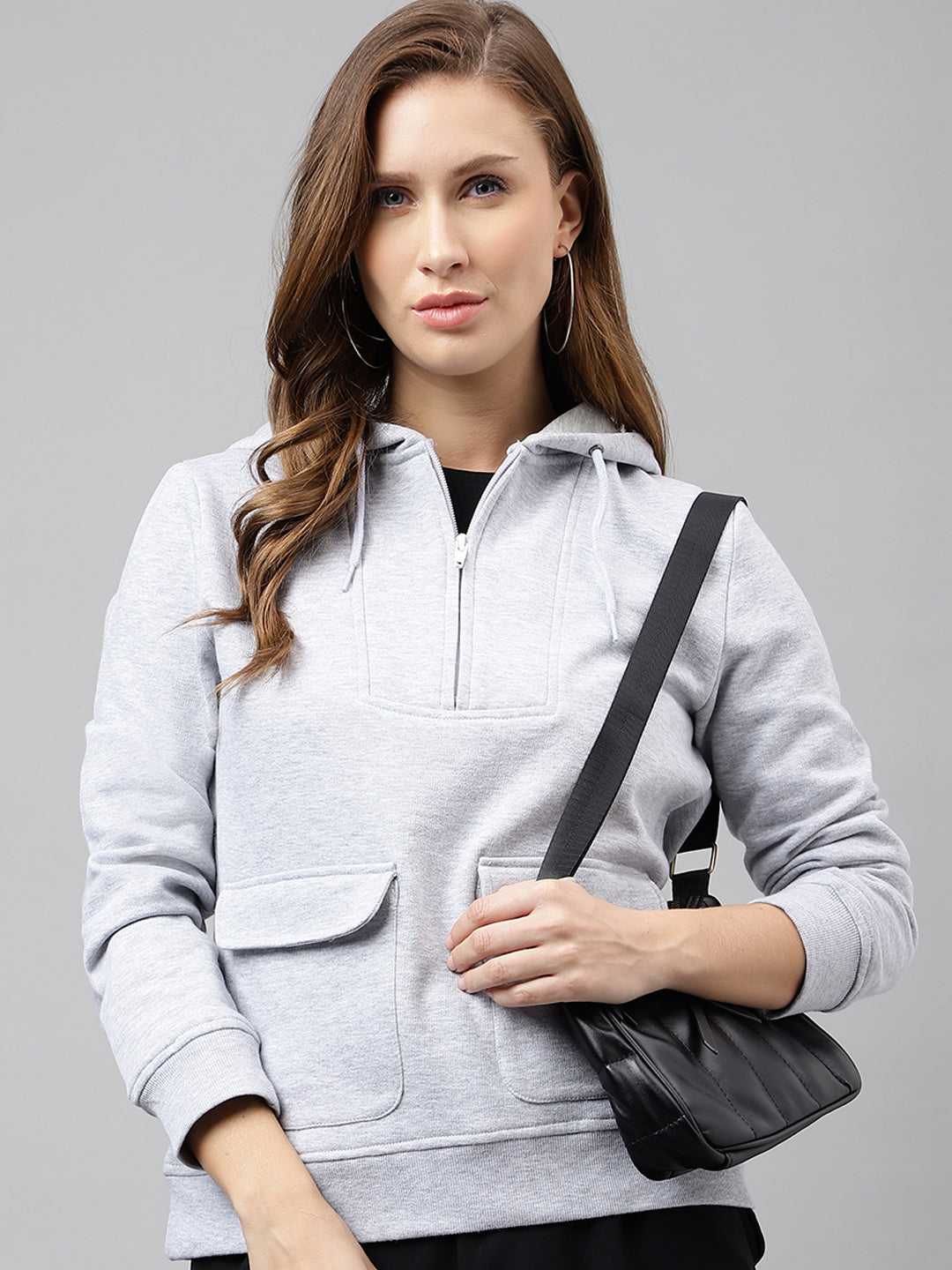 Women Grey Solid Half Zipper Regular Fit Hooded Sweatshirt