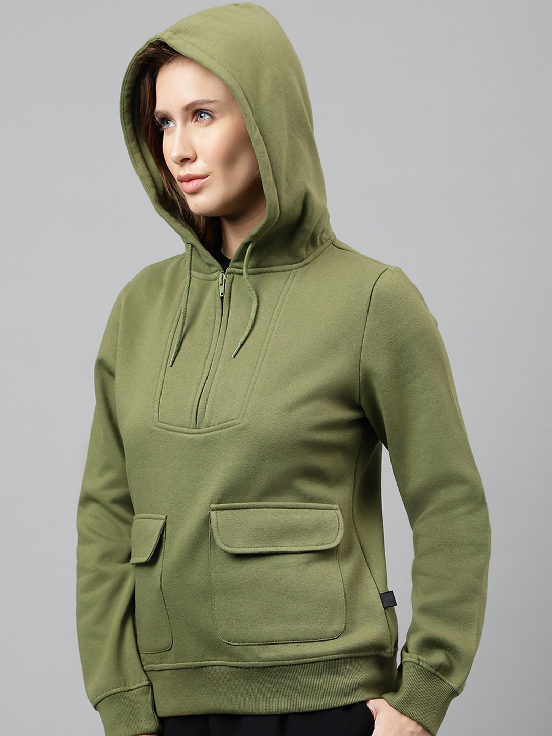 Womens Hoodies Olive Green Hoodie Jacket Women Olive Solid Half
