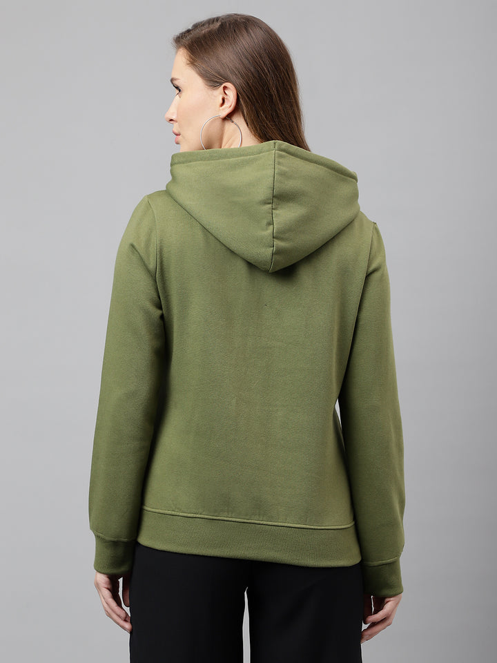 Women Olive Solid Half Zipper Regular Fit Hooded Sweatshirt