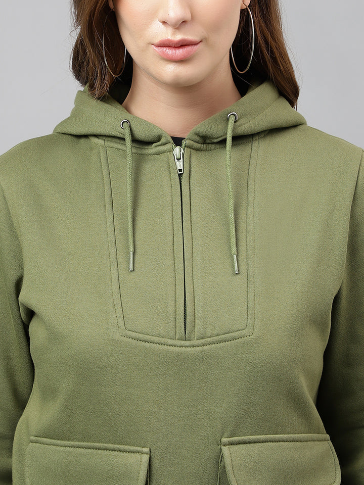 Women Olive Solid Half Zipper Regular Fit Hooded Sweatshirt