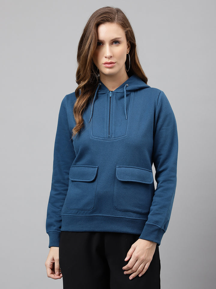 Women Turquoise Solid Half Zipper Regular Fit Hooded Sweatshirt