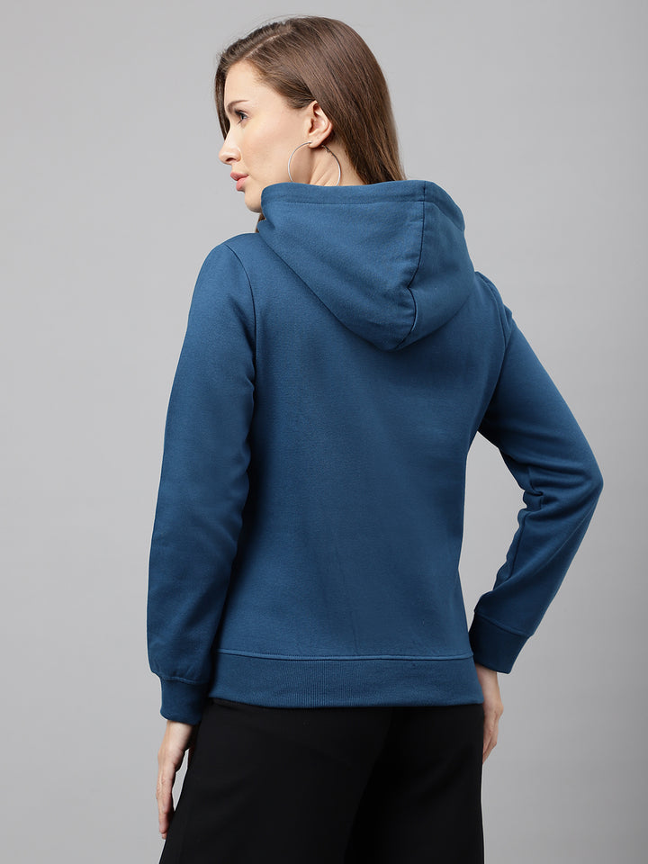 Women Turquoise Solid Half Zipper Regular Fit Hooded Sweatshirt