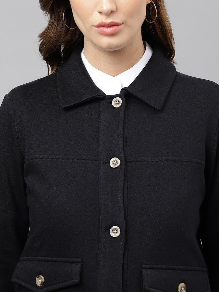 Women Black Solid Front Open Regular Collar Sweatshirt