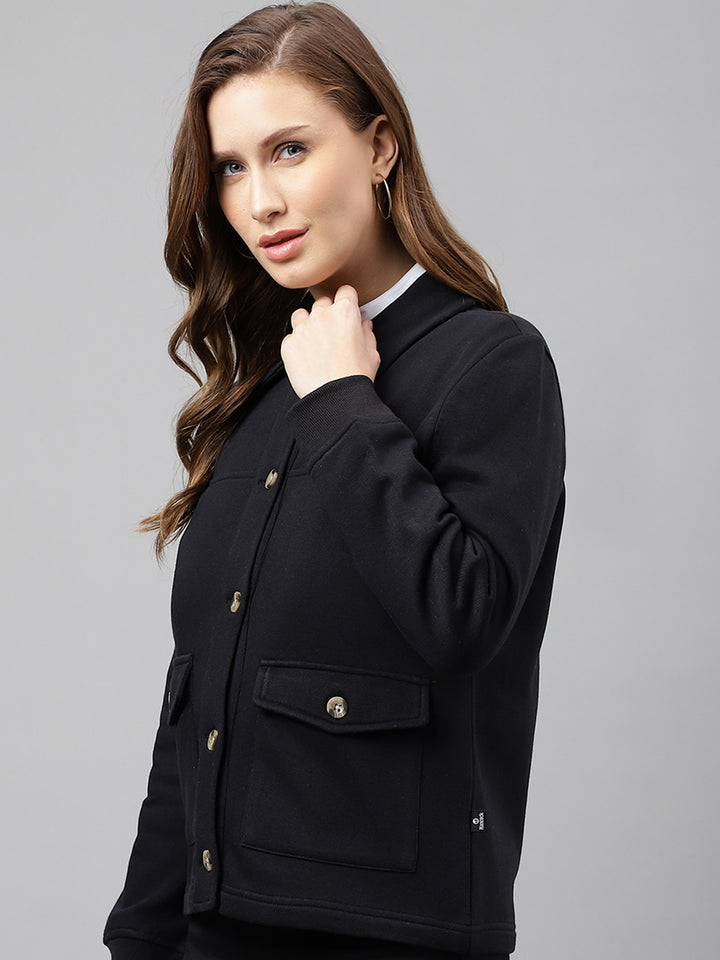 Women Black Solid Front Open Regular Collar Sweatshirt