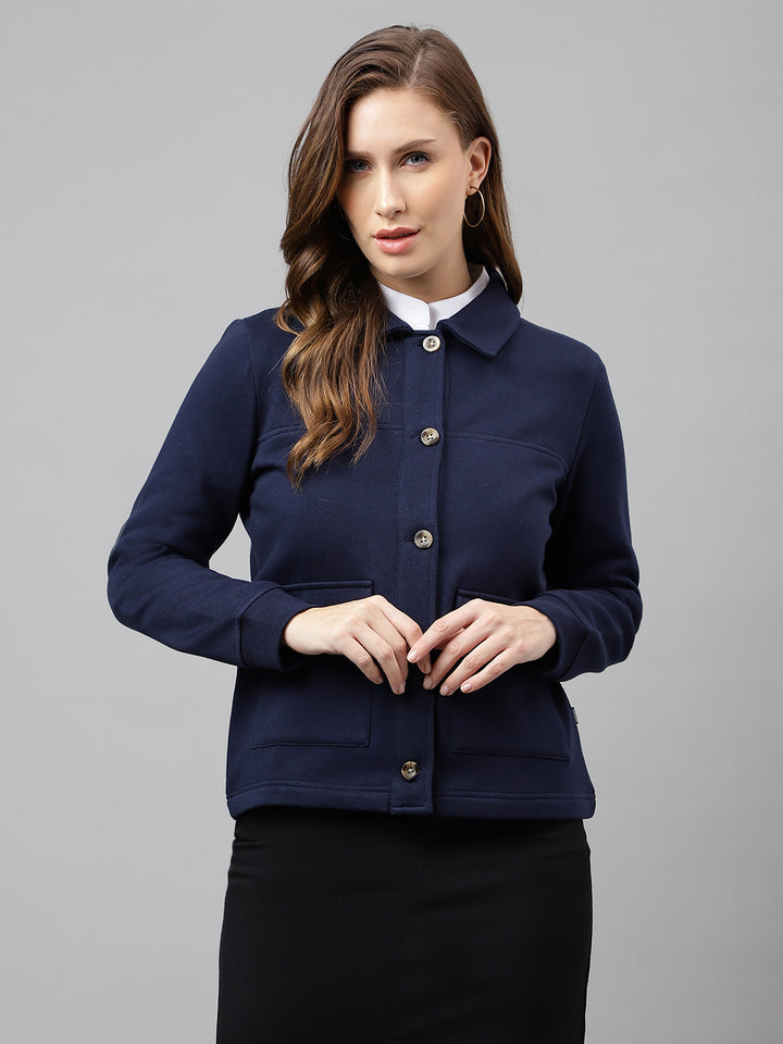 Women Navy Blue Solid Front Open Regular Collar Sweatshirt