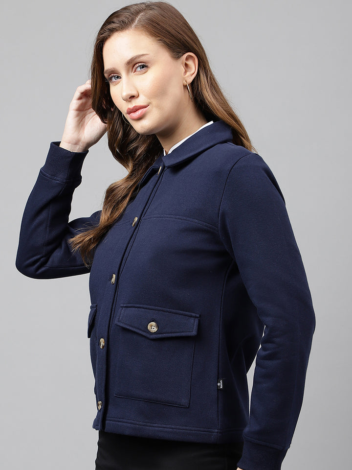 Women Navy Blue Solid Front Open Regular Collar Sweatshirt