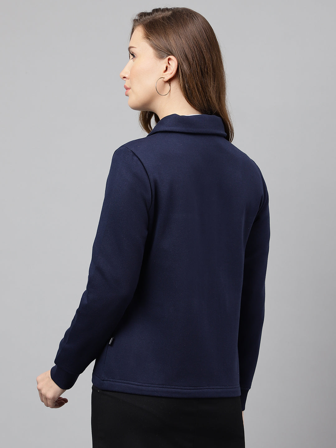 Women Navy Blue Solid Front Open Regular Collar Sweatshirt