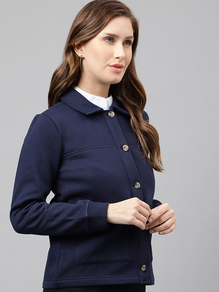 Women Navy Blue Solid Front Open Regular Collar Sweatshirt