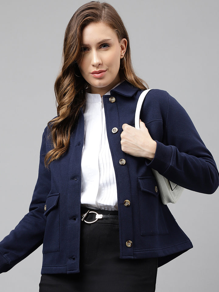 Women Navy Blue Solid Front Open Regular Collar Sweatshirt