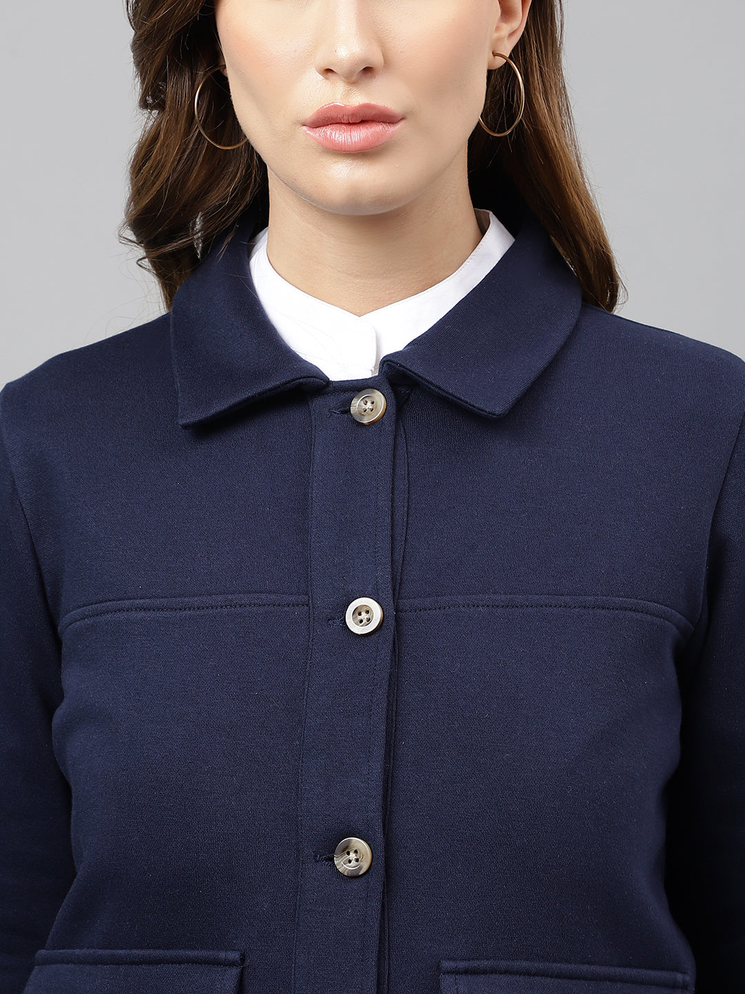 Women Navy Blue Solid Front Open Regular Collar Sweatshirt