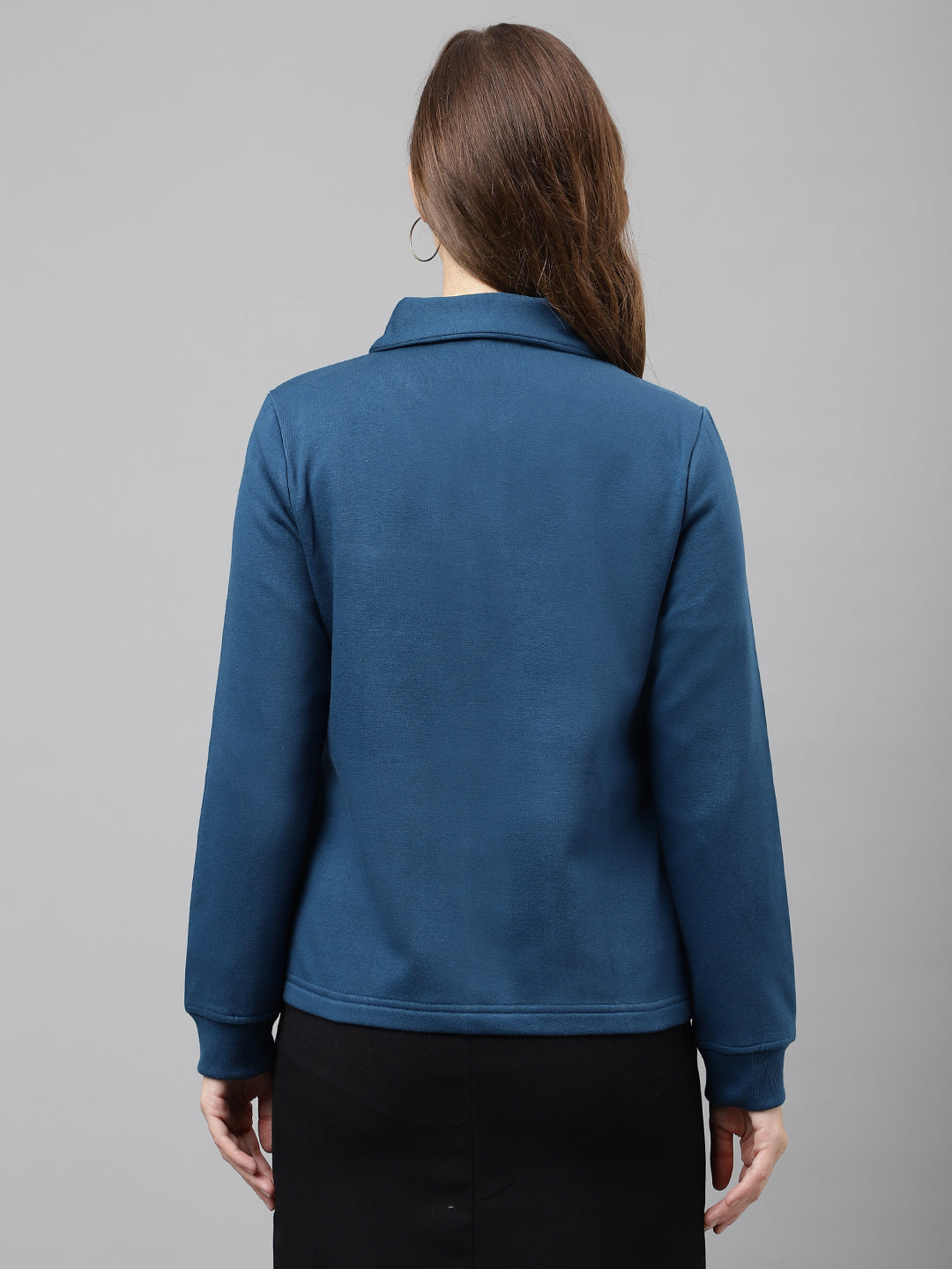 Women Turquoise Solid Front Open Regular Collar Sweatshirt