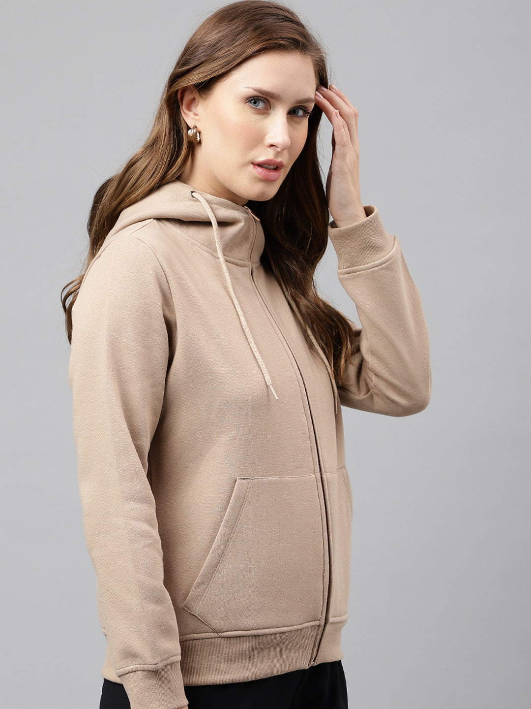 Women Beige Solid Front Open Zipper Hooded Sweatshirt