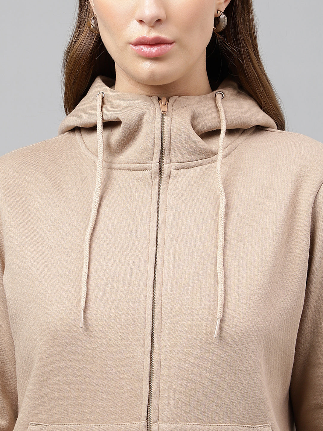 Women Beige Solid Front Open Zipper Hooded Sweatshirt