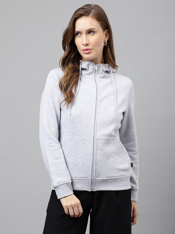 Women Melange Grey Solid Front Open Zipper Hooded Sweatshirt