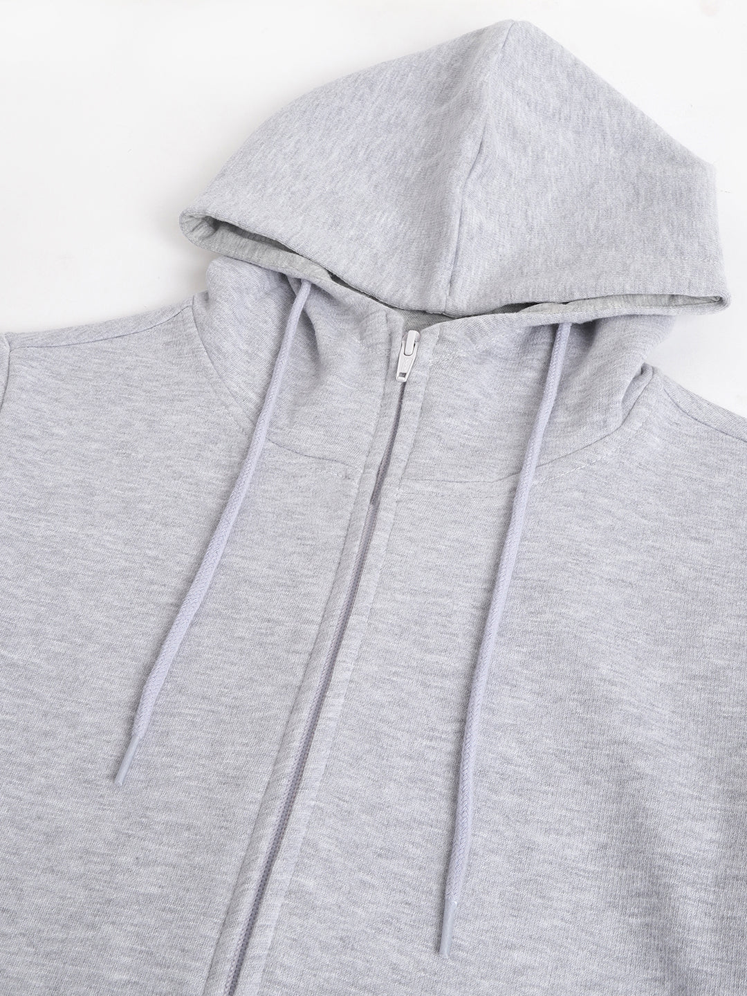 Women Melange Grey Solid Front Open Zipper Hooded Sweatshirt