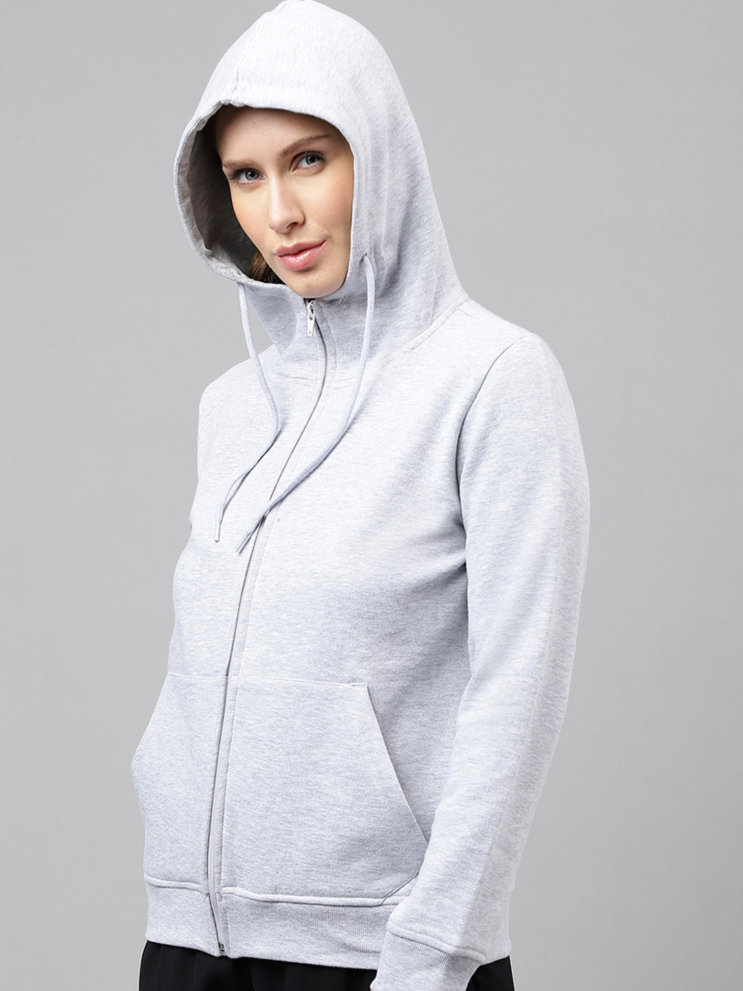 Women Melange Grey Solid Front Open Zipper Hooded Sweatshirt