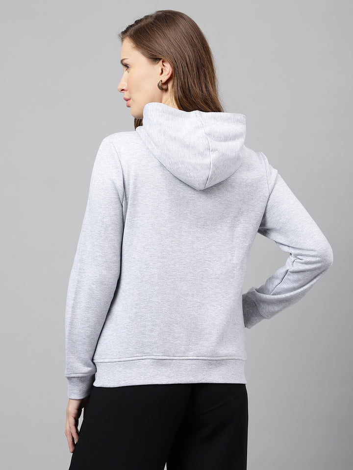 Women Melange Grey Solid Front Open Zipper Hooded Sweatshirt