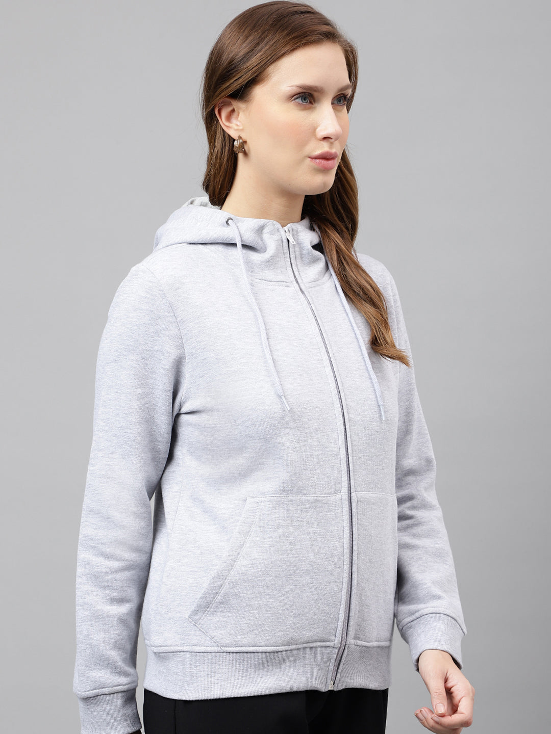 Women Melange Grey Solid Front Open Zipper Hooded Sweatshirt