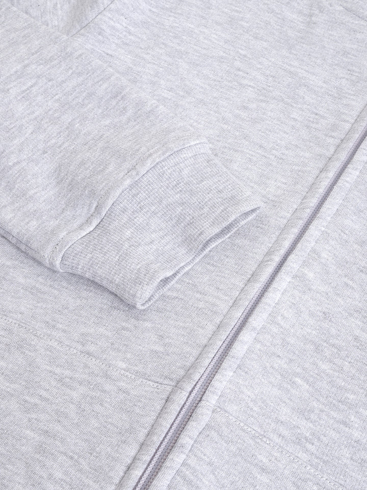 Women Melange Grey Solid Front Open Zipper Hooded Sweatshirt