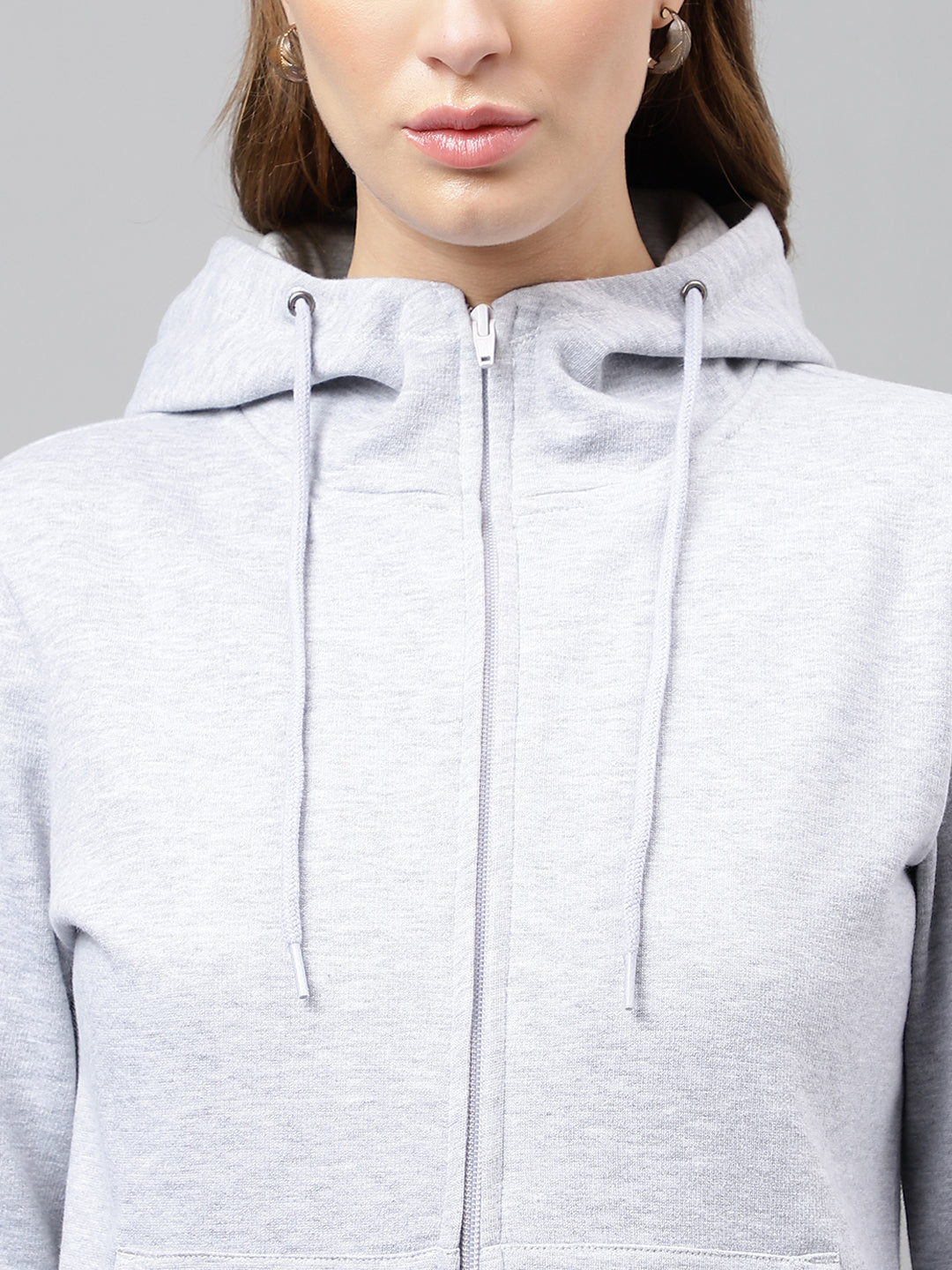 Women Melange Grey Solid Front Open Zipper Hooded Sweatshirt