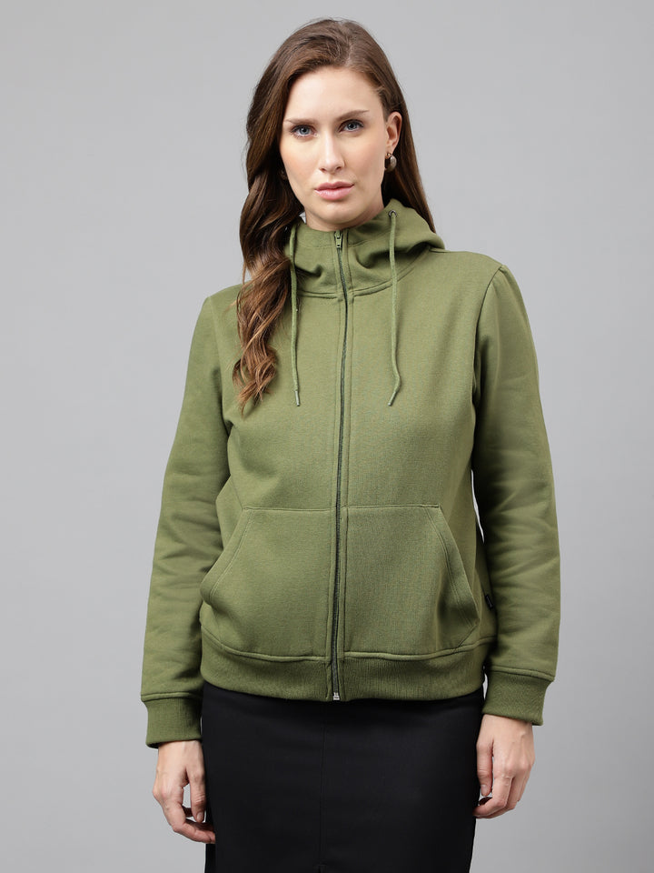 Women Olive Solid Front Open Zipper Hooded Sweatshirt