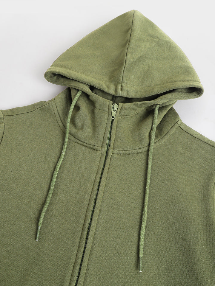 Women Olive Solid Front Open Zipper Hooded Sweatshirt