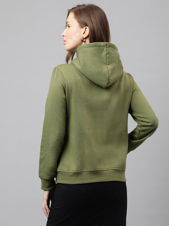 Women Olive Solid Front Open Zipper Hooded Sweatshirt