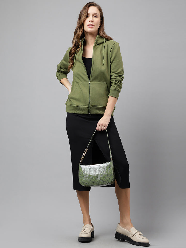 Women Olive Solid Front Open Zipper Hooded Sweatshirt