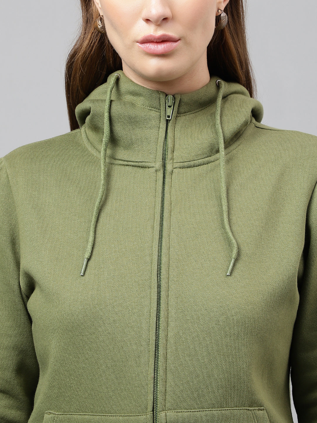 Women Olive Solid Front Open Zipper Hooded Sweatshirt