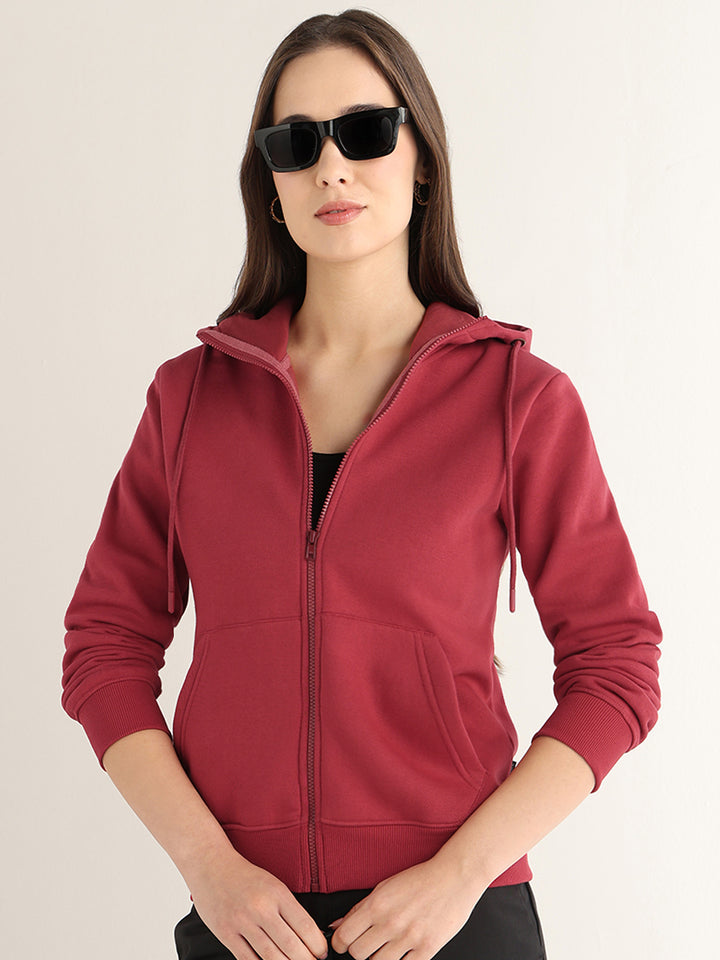 Hancock Women Red Solid Cotton Blend Regular Fit Casual Sweatshirt