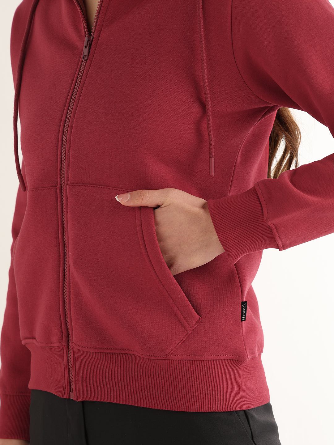 Hancock Women Red Solid Cotton Blend Regular Fit Casual Sweatshirt