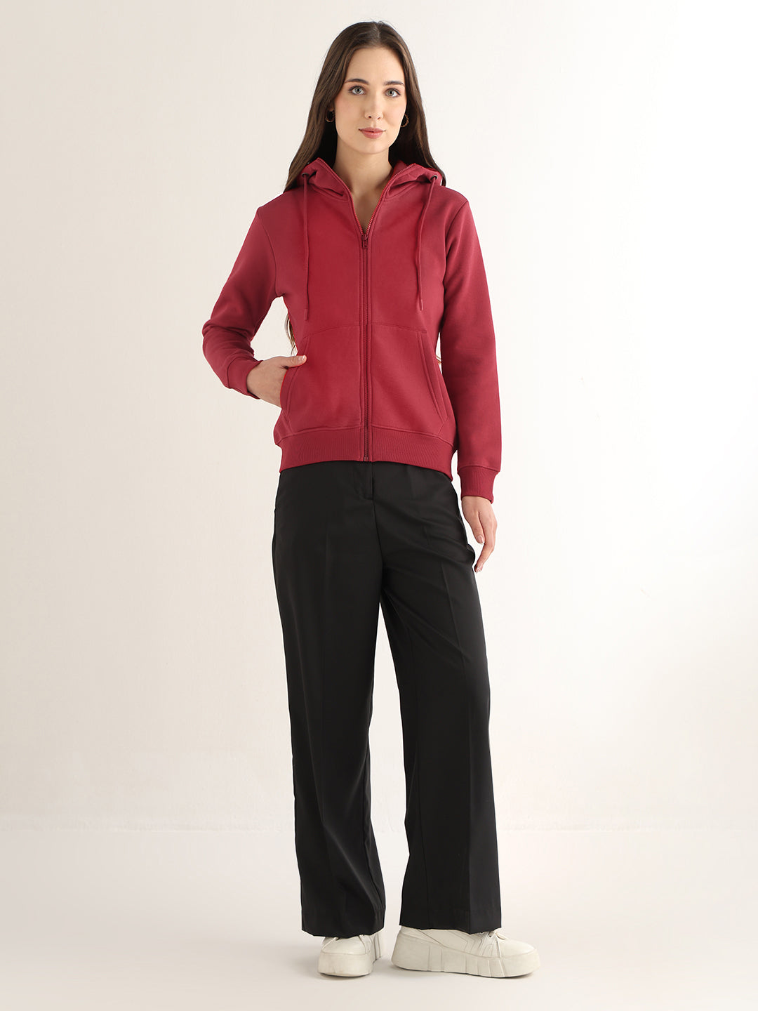 Hancock Women Red Solid Cotton Blend Regular Fit Casual Sweatshirt