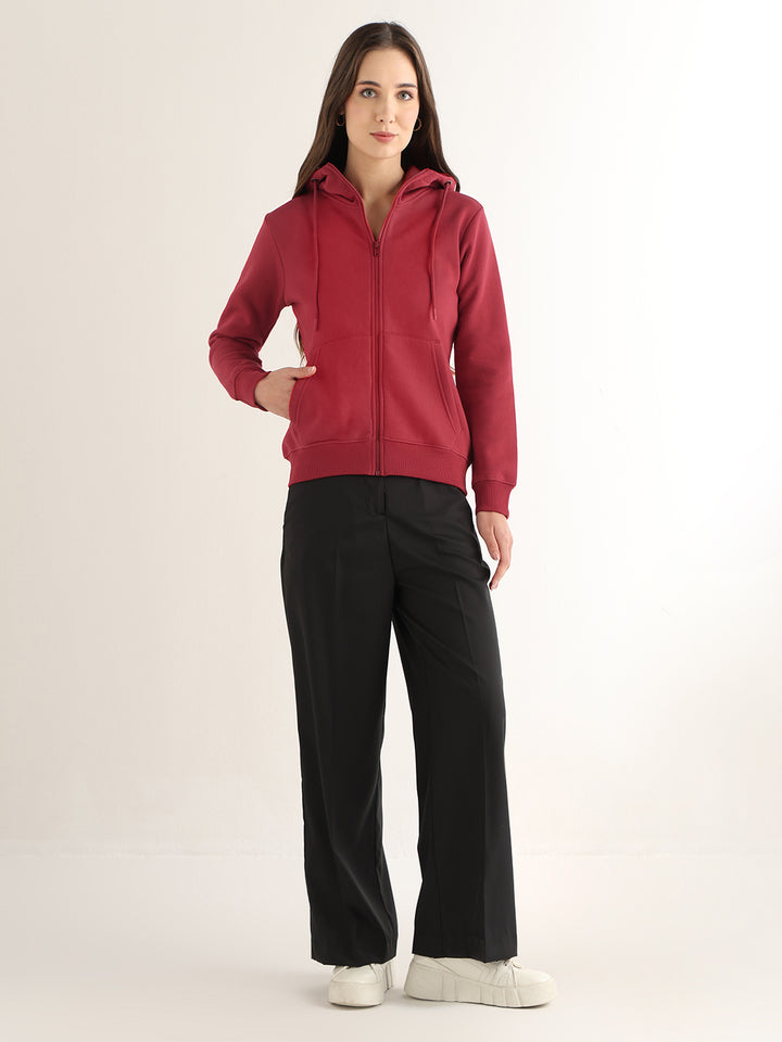 Hancock Women Red Solid Cotton Blend Regular Fit Casual Sweatshirt