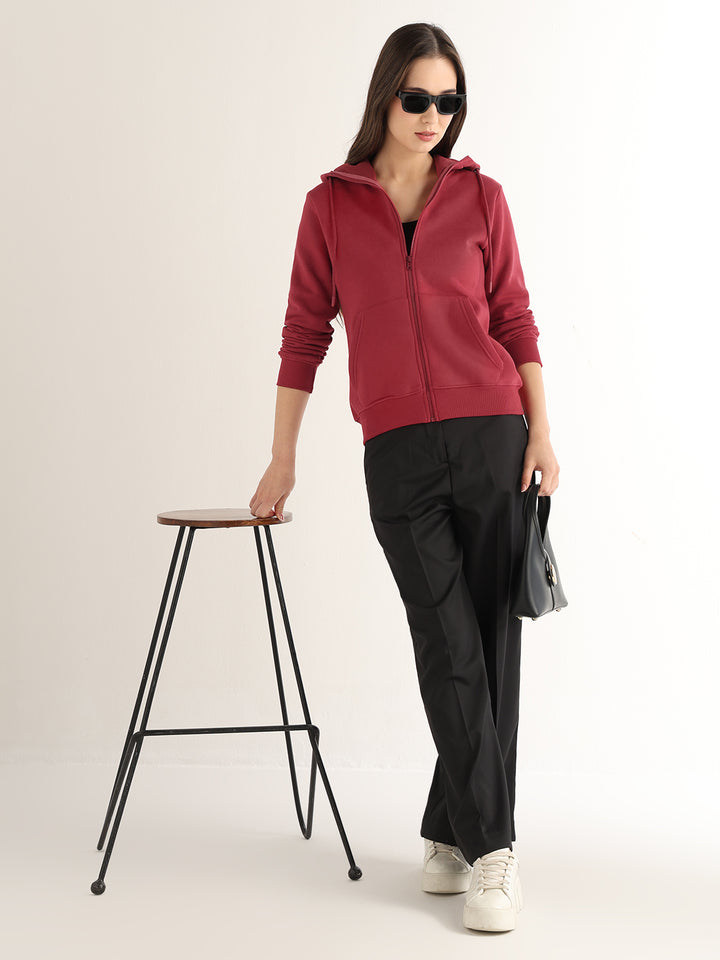 Hancock Women Red Solid Cotton Blend Regular Fit Casual Sweatshirt