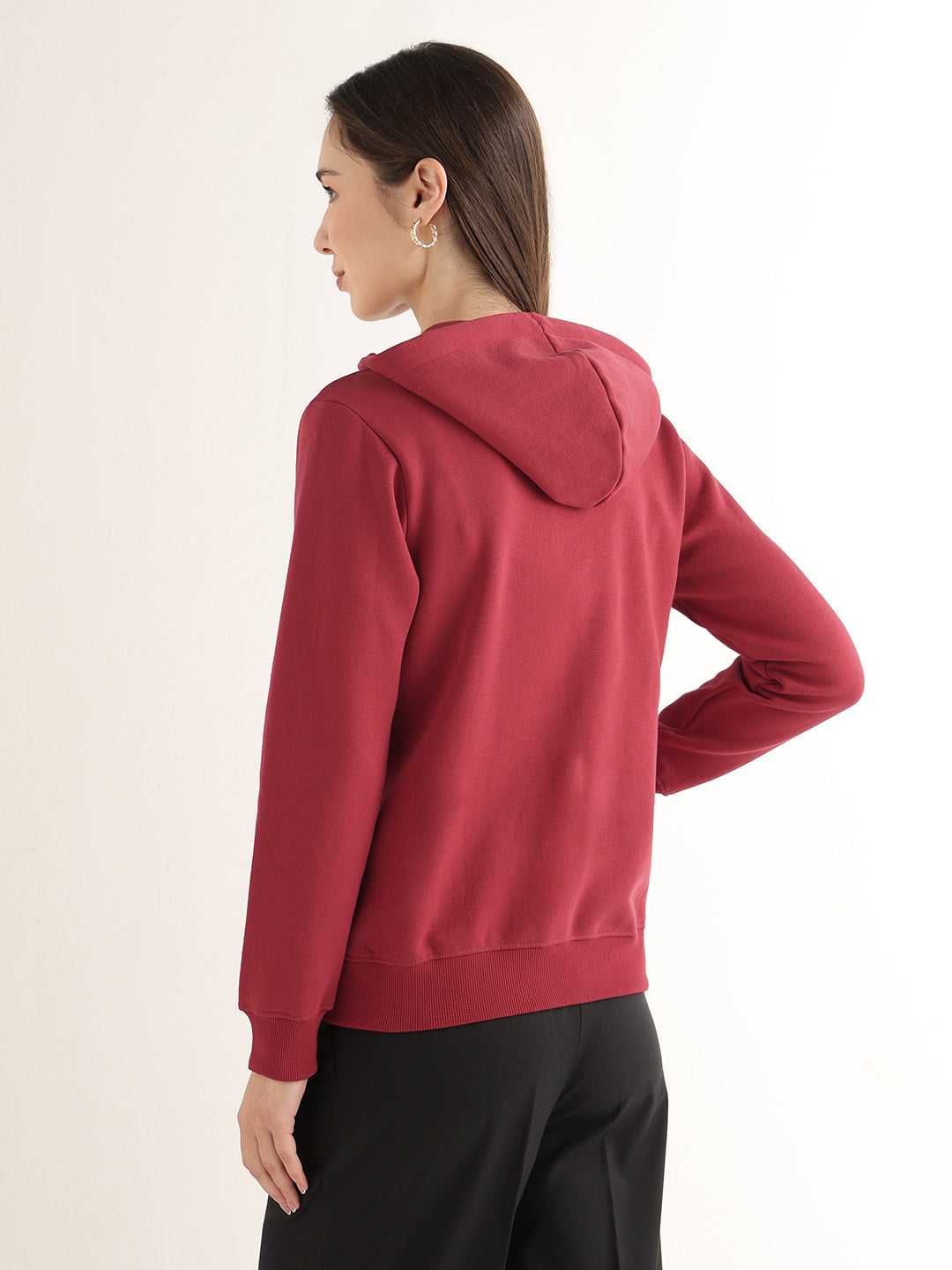 Hancock Women Red Solid Cotton Blend Regular Fit Casual Sweatshirt
