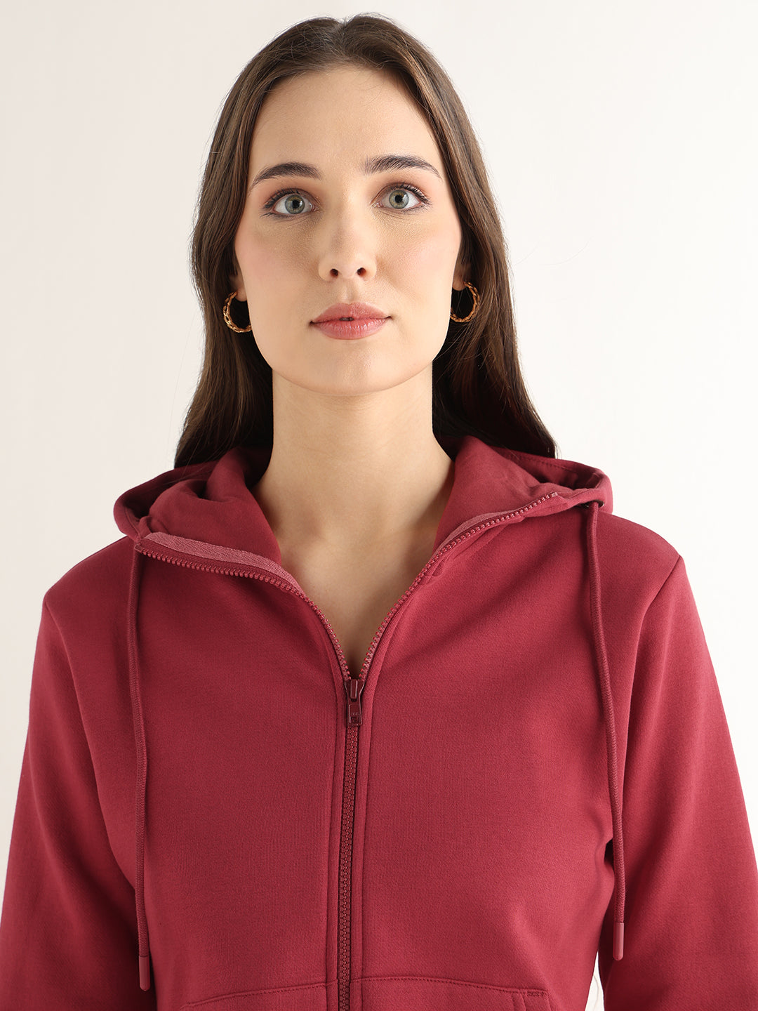 Hancock Women Red Solid Cotton Blend Regular Fit Casual Sweatshirt
