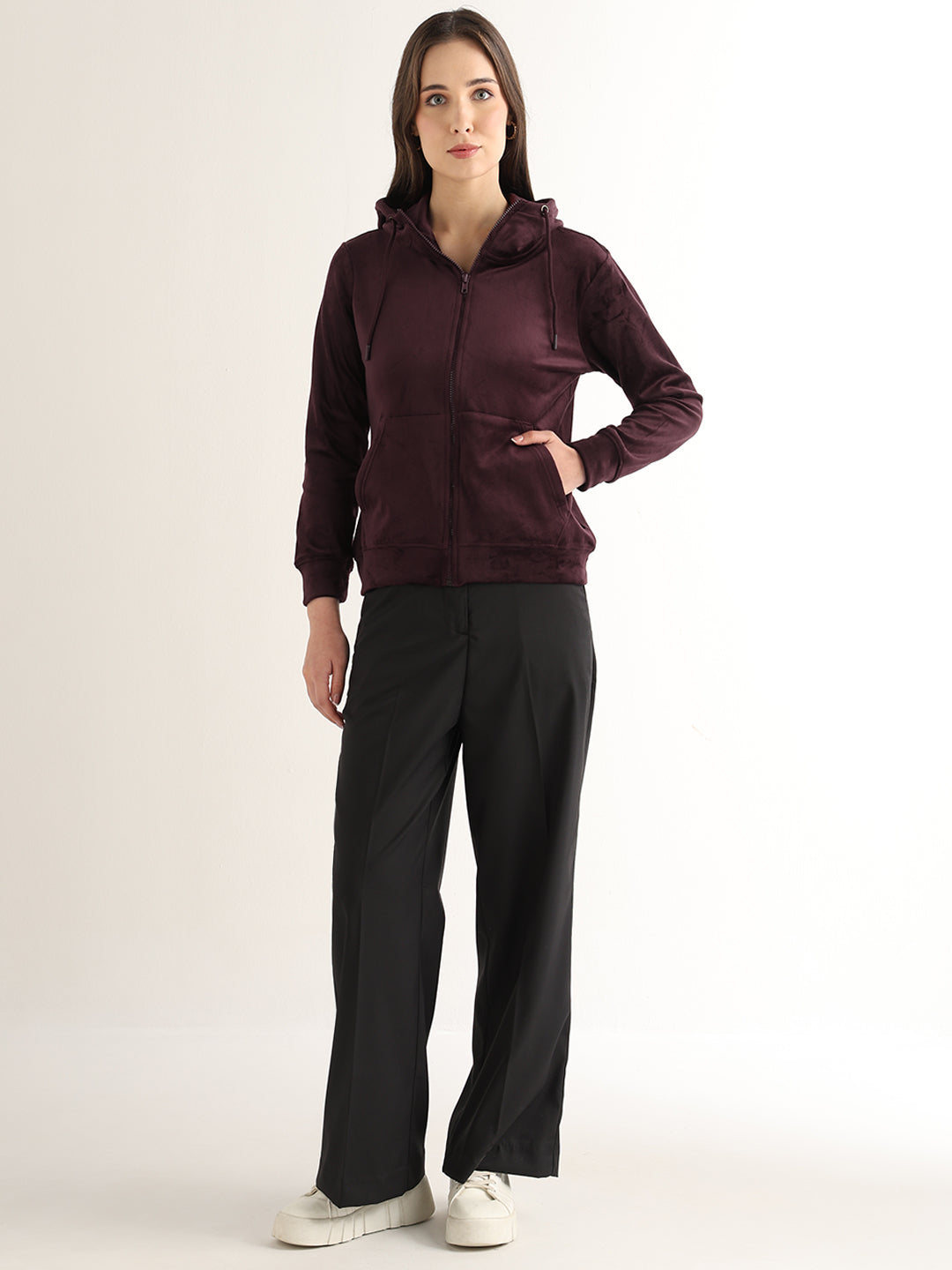 Hancock Women Coffee Solid Cotton Blend Regular Fit Casual Sweatshirt