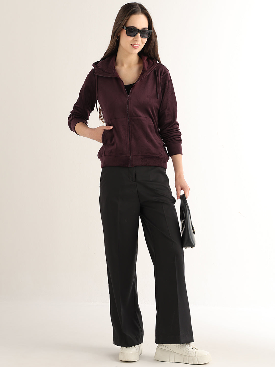 Hancock Women Coffee Solid Cotton Blend Regular Fit Casual Sweatshirt