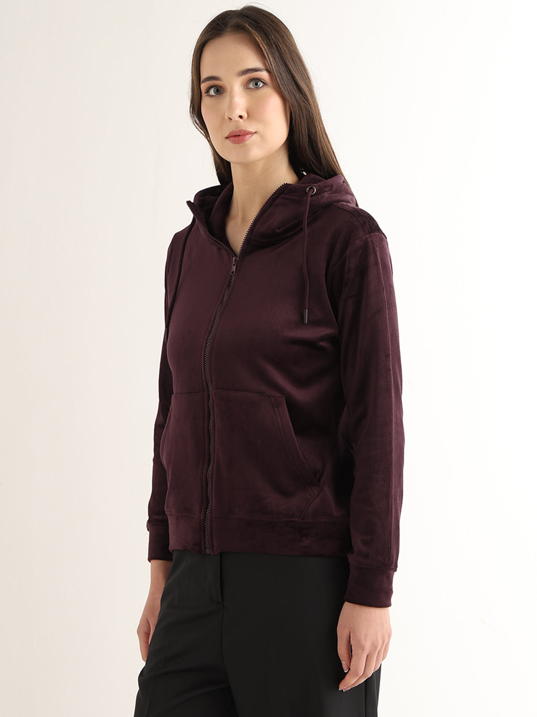 Hancock Women Coffee Solid Cotton Blend Regular Fit Casual Sweatshirt