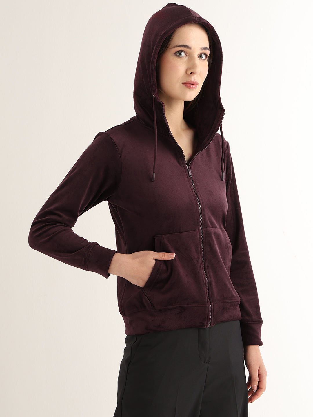 Hancock Women Coffee Solid Cotton Blend Regular Fit Casual Sweatshirt