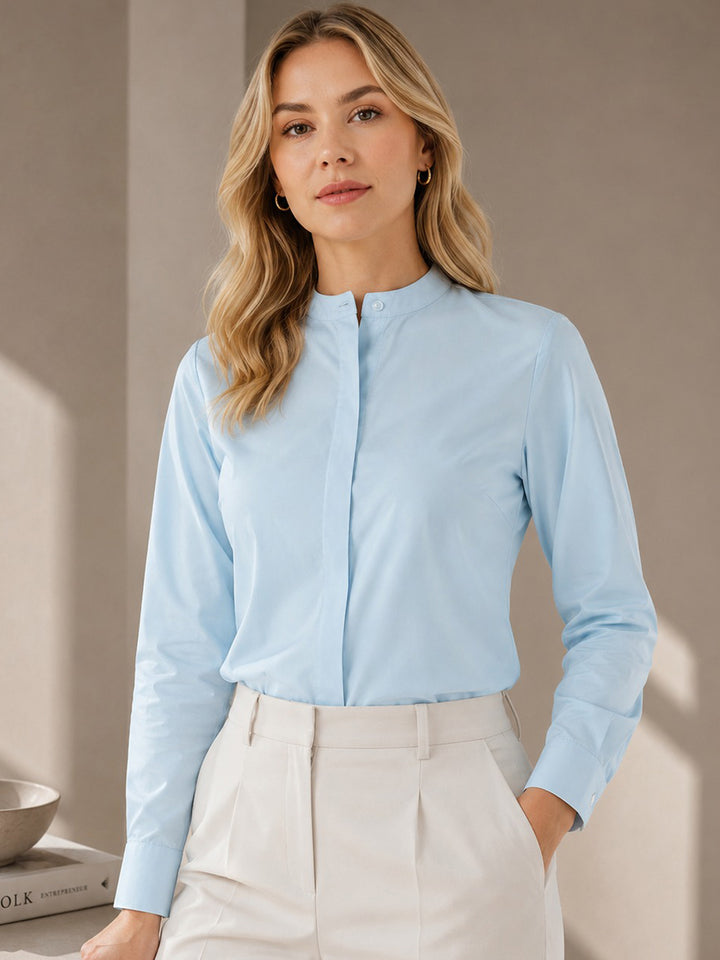 Women Sky Blue Solid Pure Cotton Slim Fit Formal Shirt