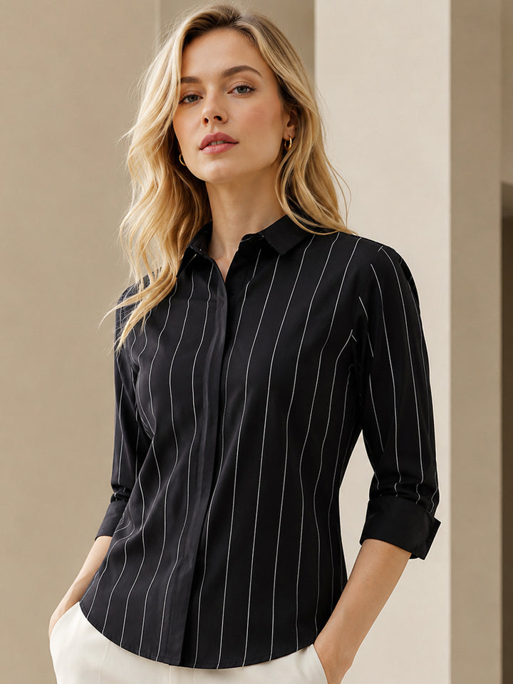 Women Black Stripes Pure Cotton Slim Fit Formal Shirt