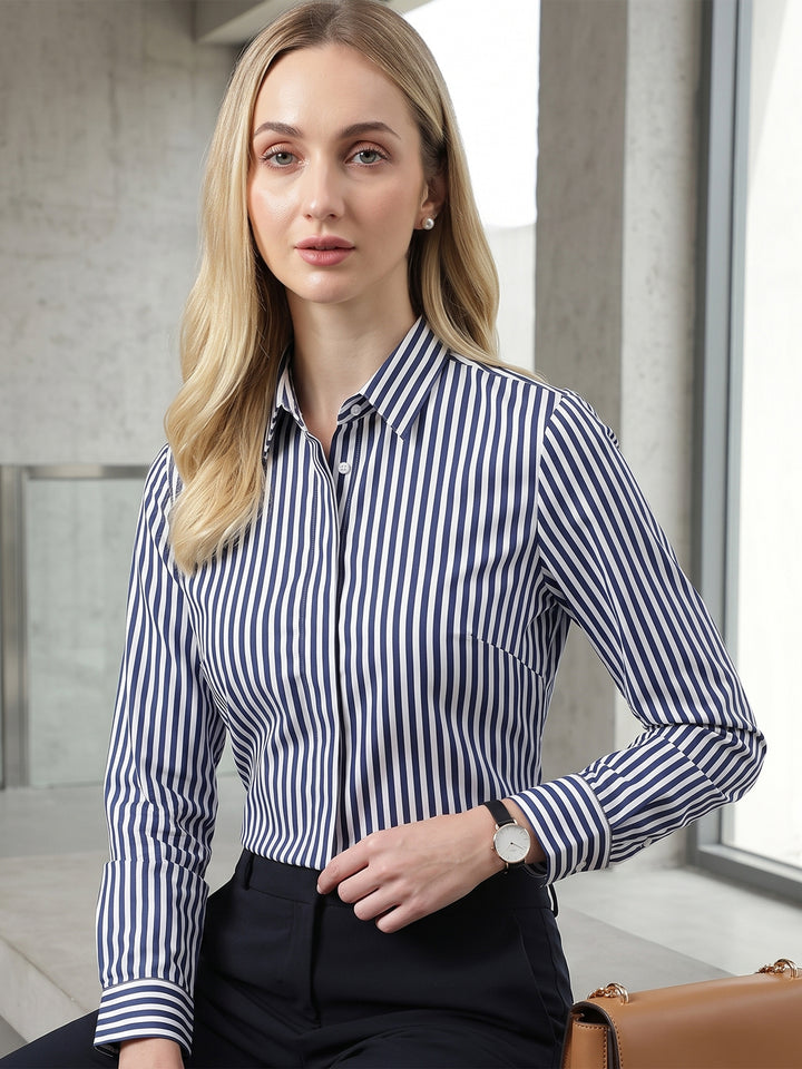 Women White &Navy Stripes Pure Cotton Regular Fit Formal Shirt
