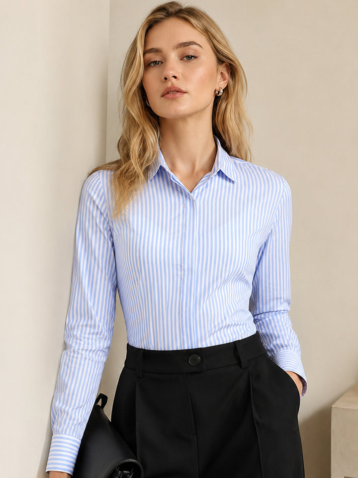 Women Blue & White Stripes Pure Cotton Slim Fit Formal Shirt
