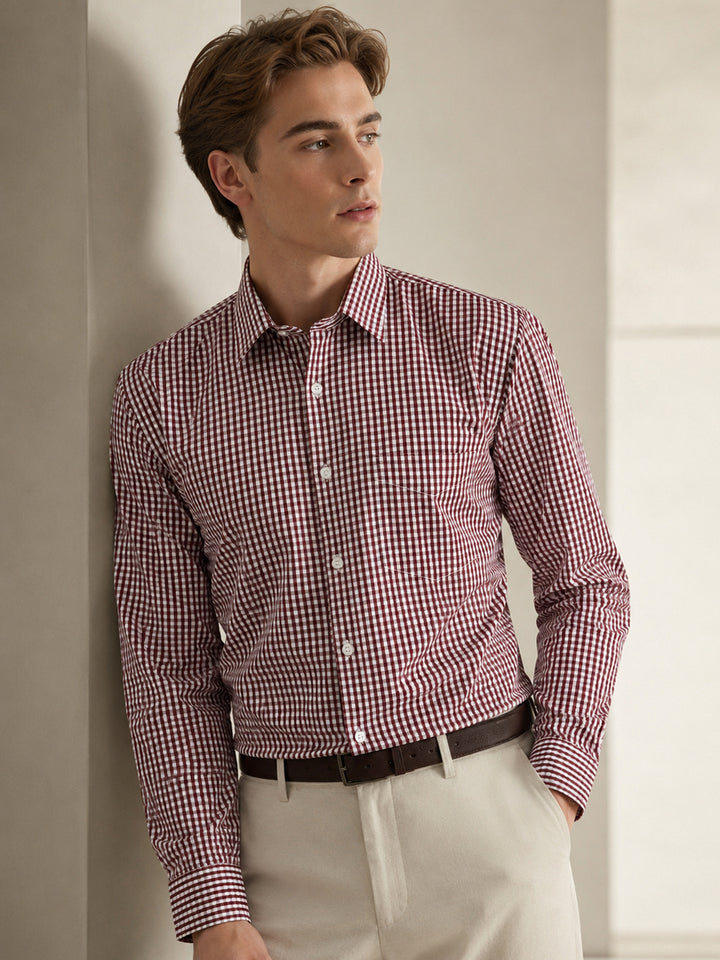 Men Maroon Gingham Check Cotton Rich Slim fit Formal Shirt