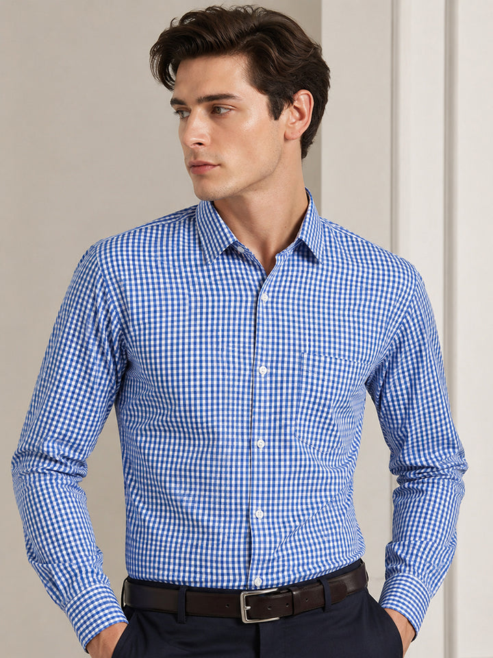 Men Blue Gingham Check Cotton Rich Slim fit Formal Shirt