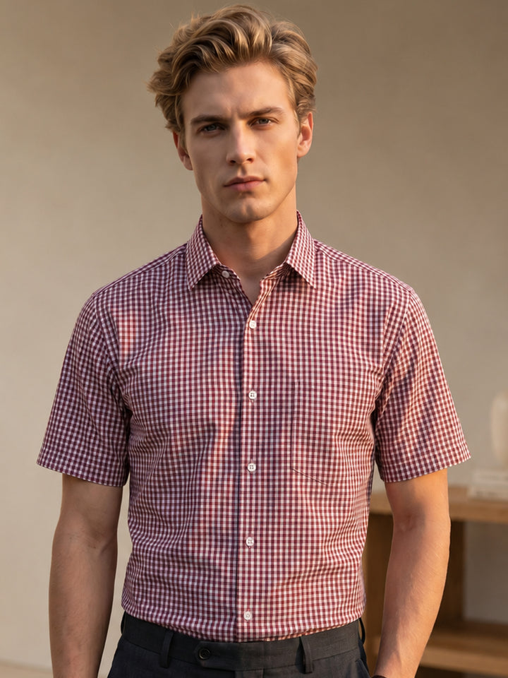 Men Maroon & White Gingham Check Short Sleeve Slim fit Formal Shirt